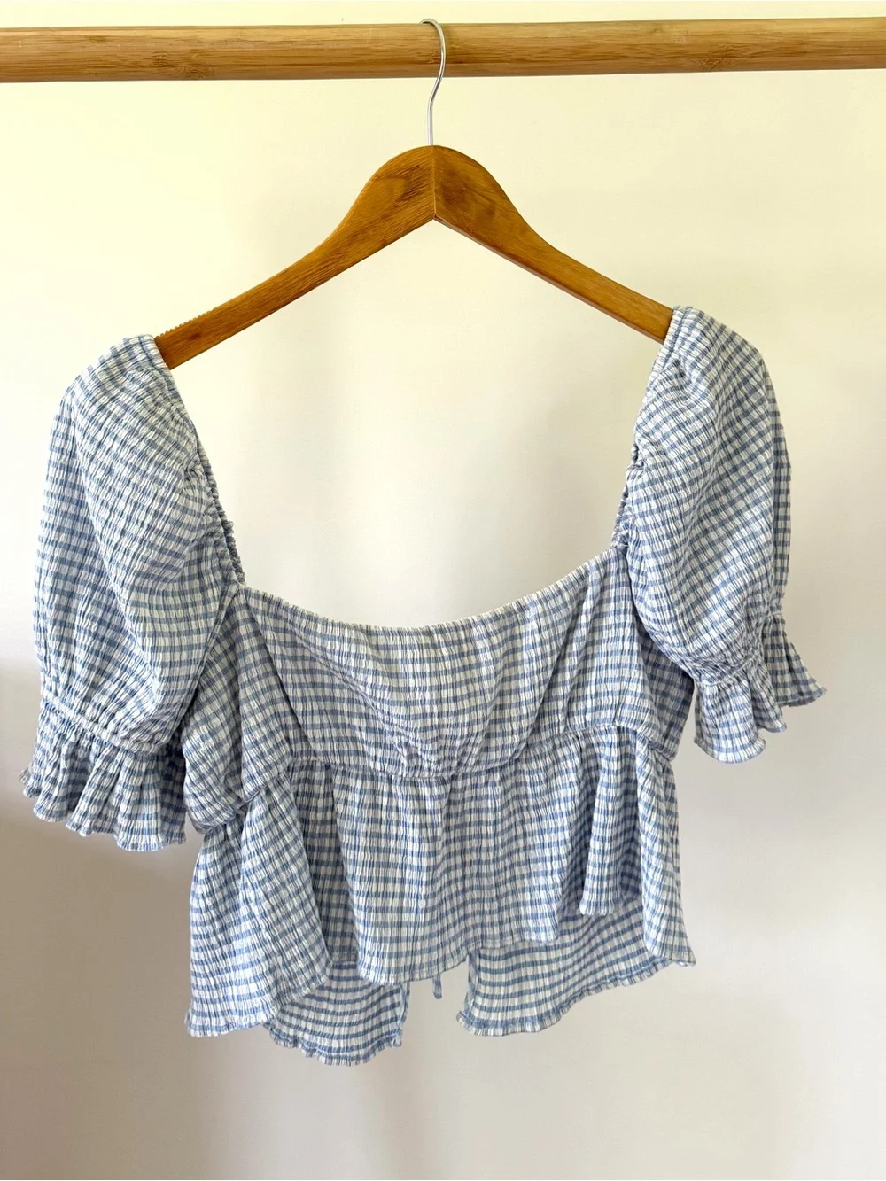 Reformation Lena Gingham Tie Front Puff Sleeve Top in Blue/White - 4